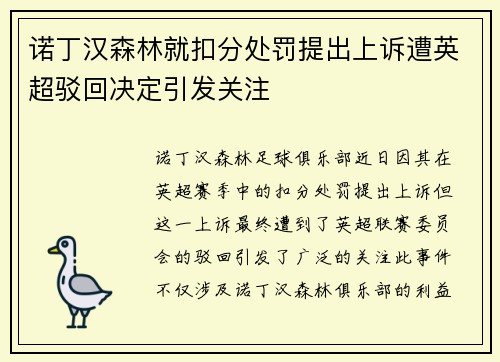 诺丁汉森林就扣分处罚提出上诉遭英超驳回决定引发关注